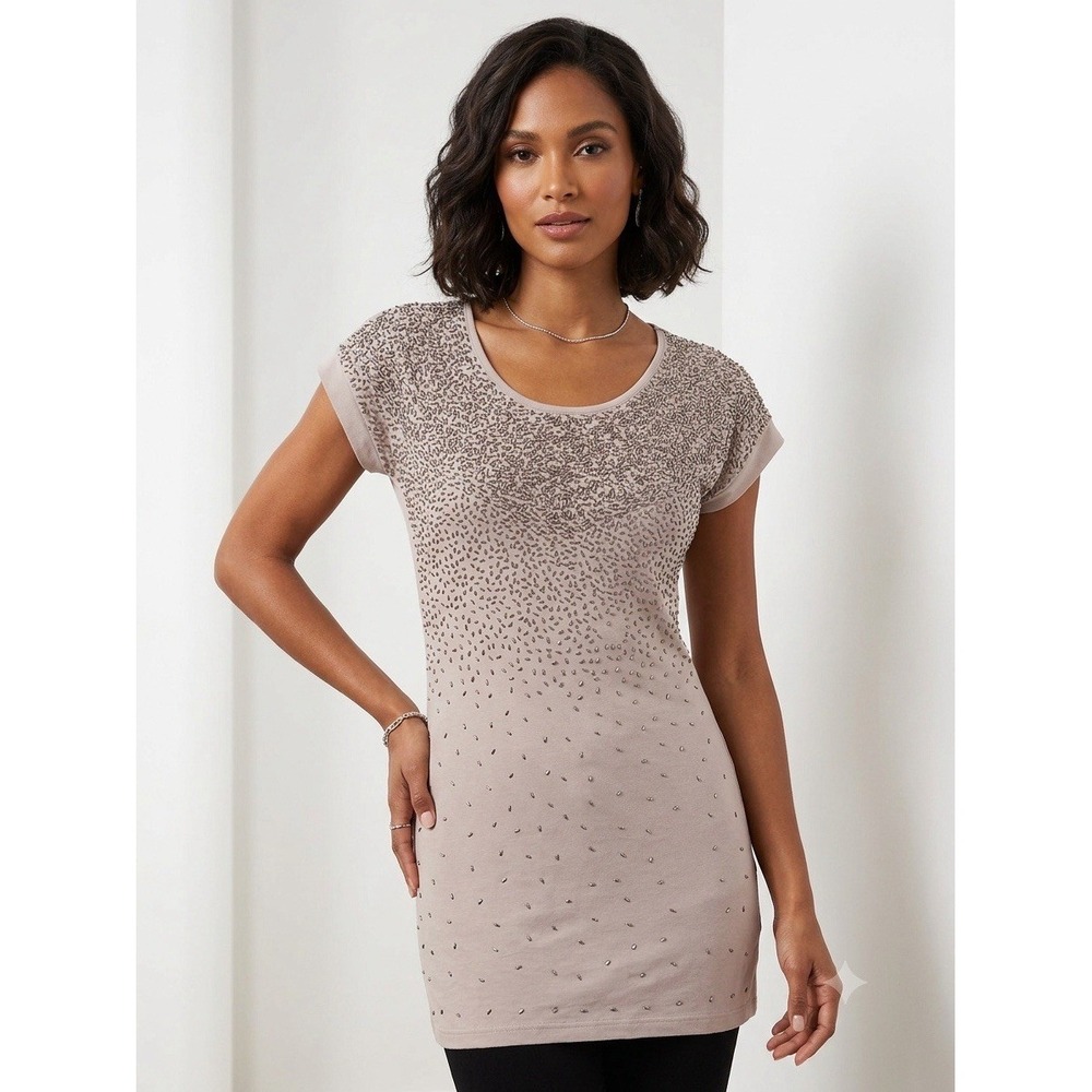 Y2K Alberto Makali Tunic Top Size M Taupe Beaded Embellished Cuffed Cap Sleeves